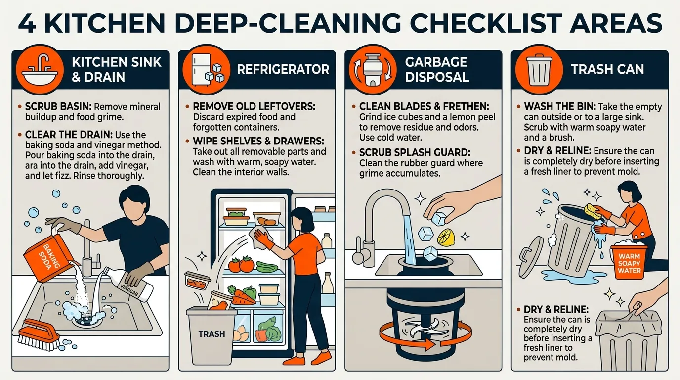 Kitchen deep-cleaning routine showing a clean sink drain, refrigerator shelves, garbage disposal, and washed trash can