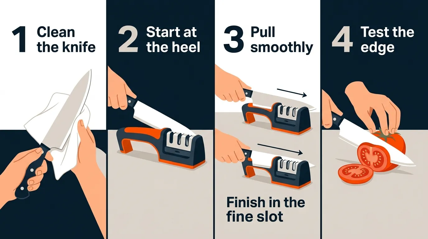 Manual pull-through sharpener, electric sharpener, honing rod, and sharpening stone arranged for comparison