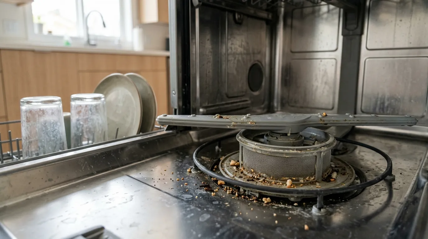 Dishwasher filter and spray arm showing food debris, grease, and buildup that can reduce cleaning performance
