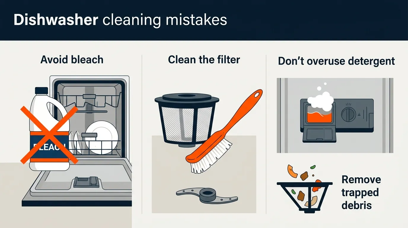 Dishwasher cleaning mistakes contrasted with proper filter care, detergent use, and safe maintenance