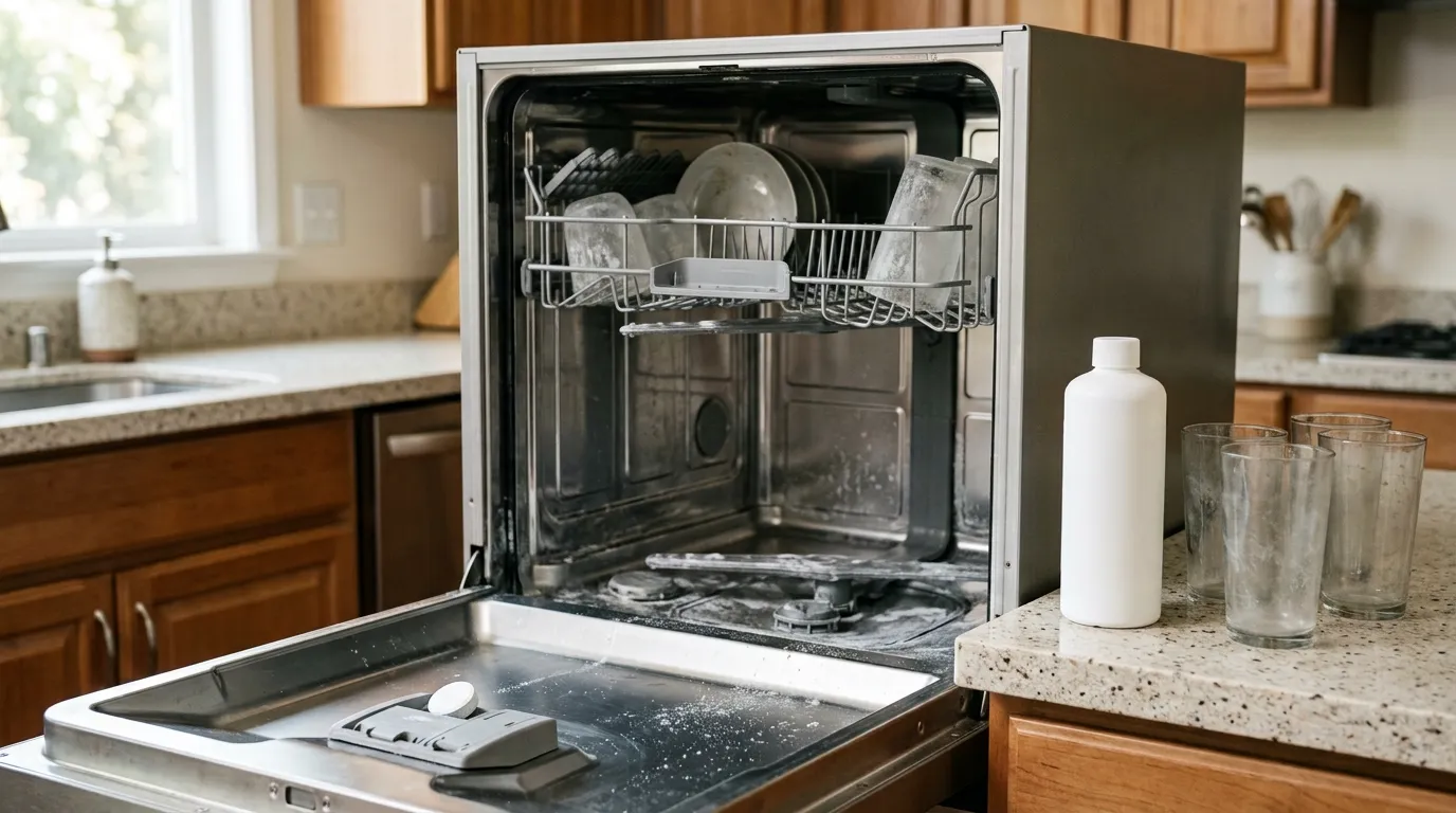 Dishwasher interior showing limescale buildup and a descaling treatment for hard water