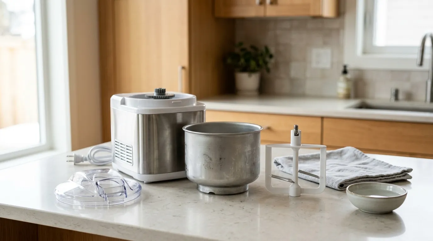 Compact ice cream maker with removable paddle, lid, and bowl arranged for easy cleaning
