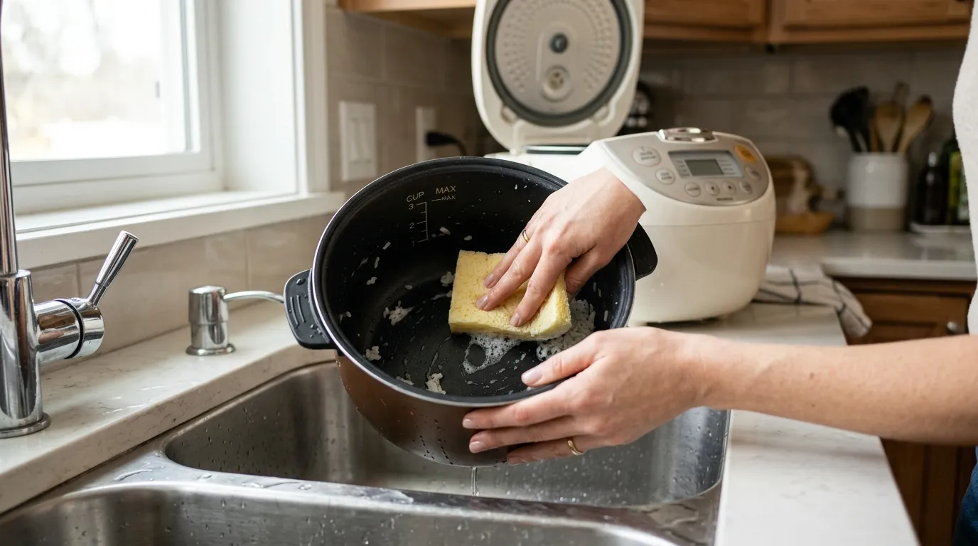 Nonstick rice cooker inner pot being gently cleaned with a soft sponge after cooking