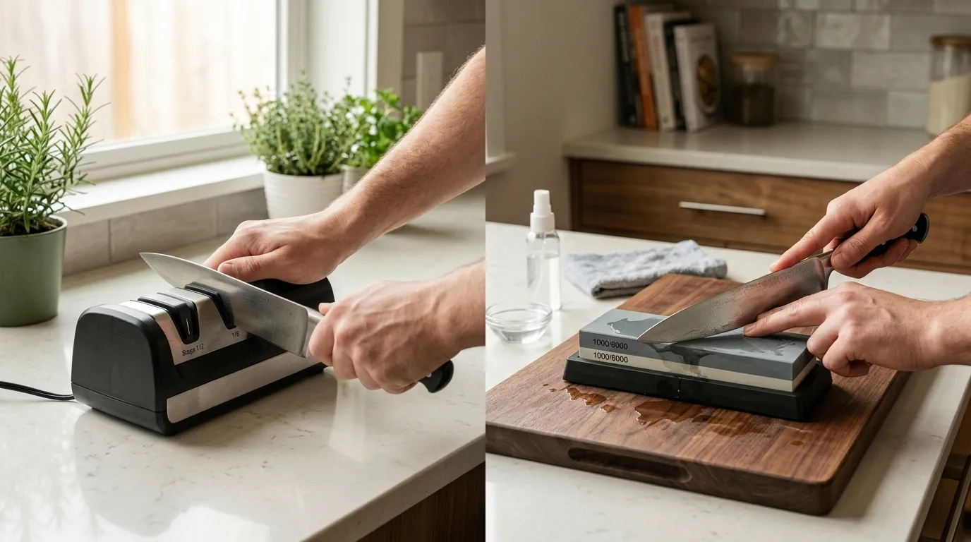 Electric knife sharpener and whetstone shown with controlled blade sharpening techniques