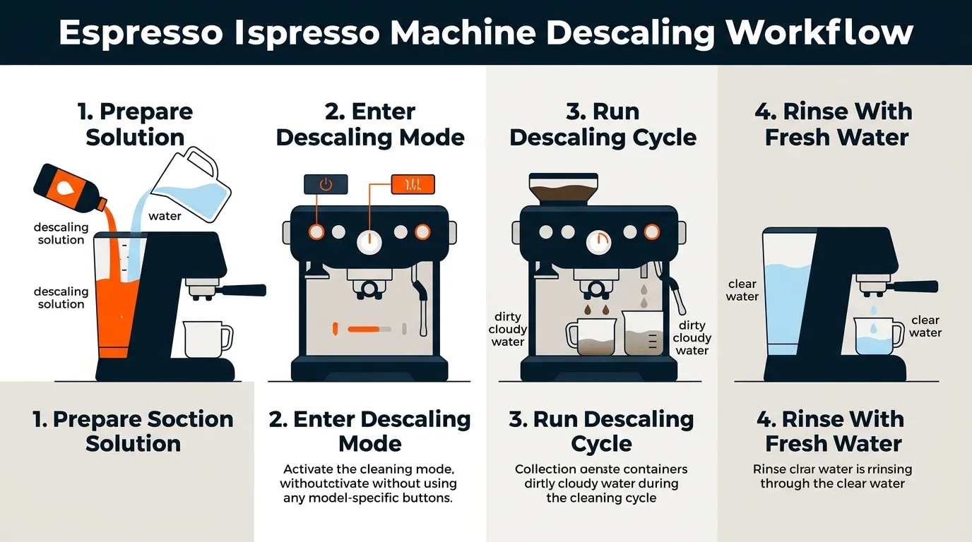Step-by-step espresso machine descaling process showing solution preparation, cleaning cycle, fresh-water rinse, and completion