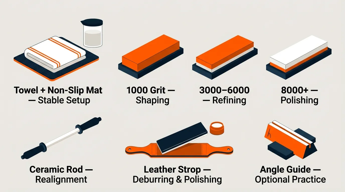 Whetstones, ceramic honing rod, leather strop, compound, towel, and non-slip mat arranged for knife sharpening