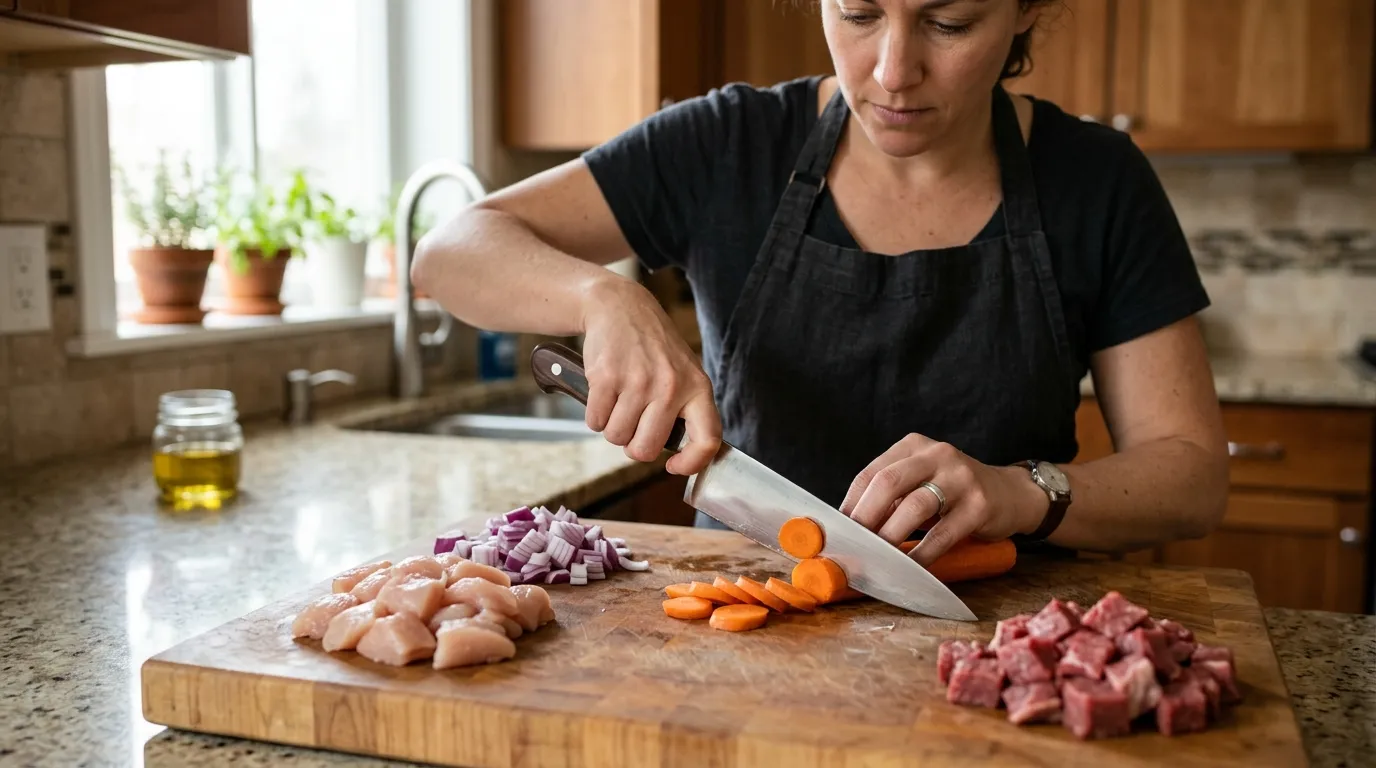 Chef’s knife being used to prepare carrots, onions, chicken, and beef on a home kitchen cutting board