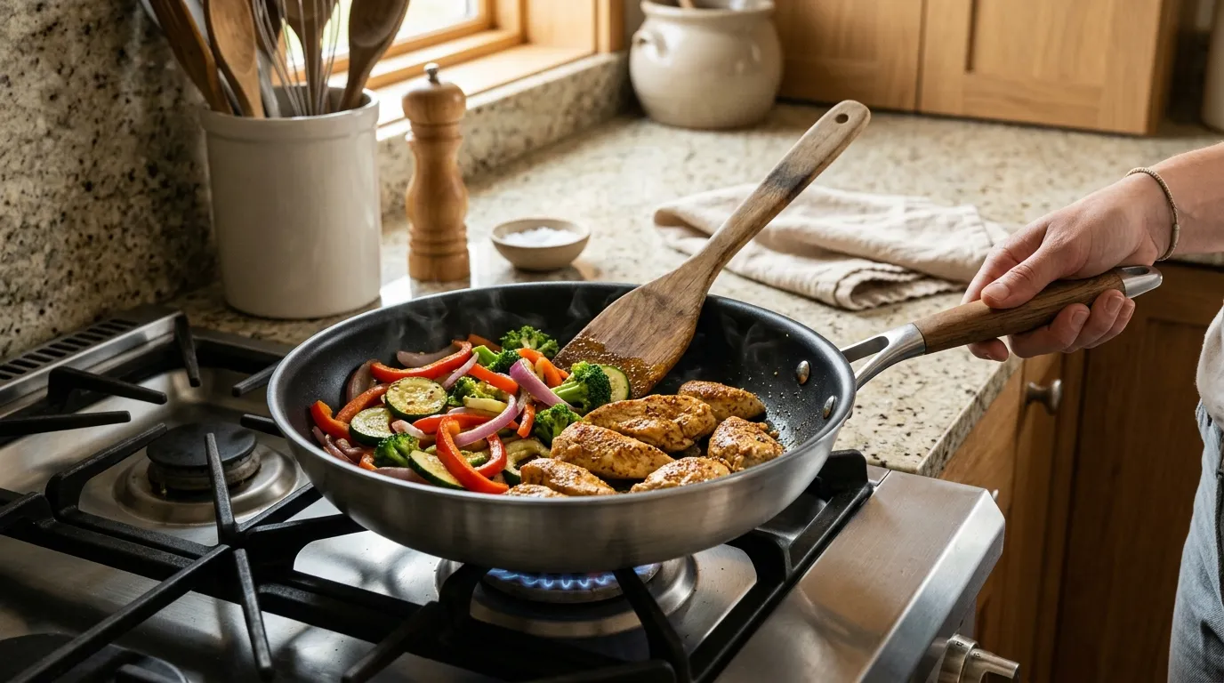 Well-maintained nonstick frying pan used to prepare an everyday meal in a clean home kitchen