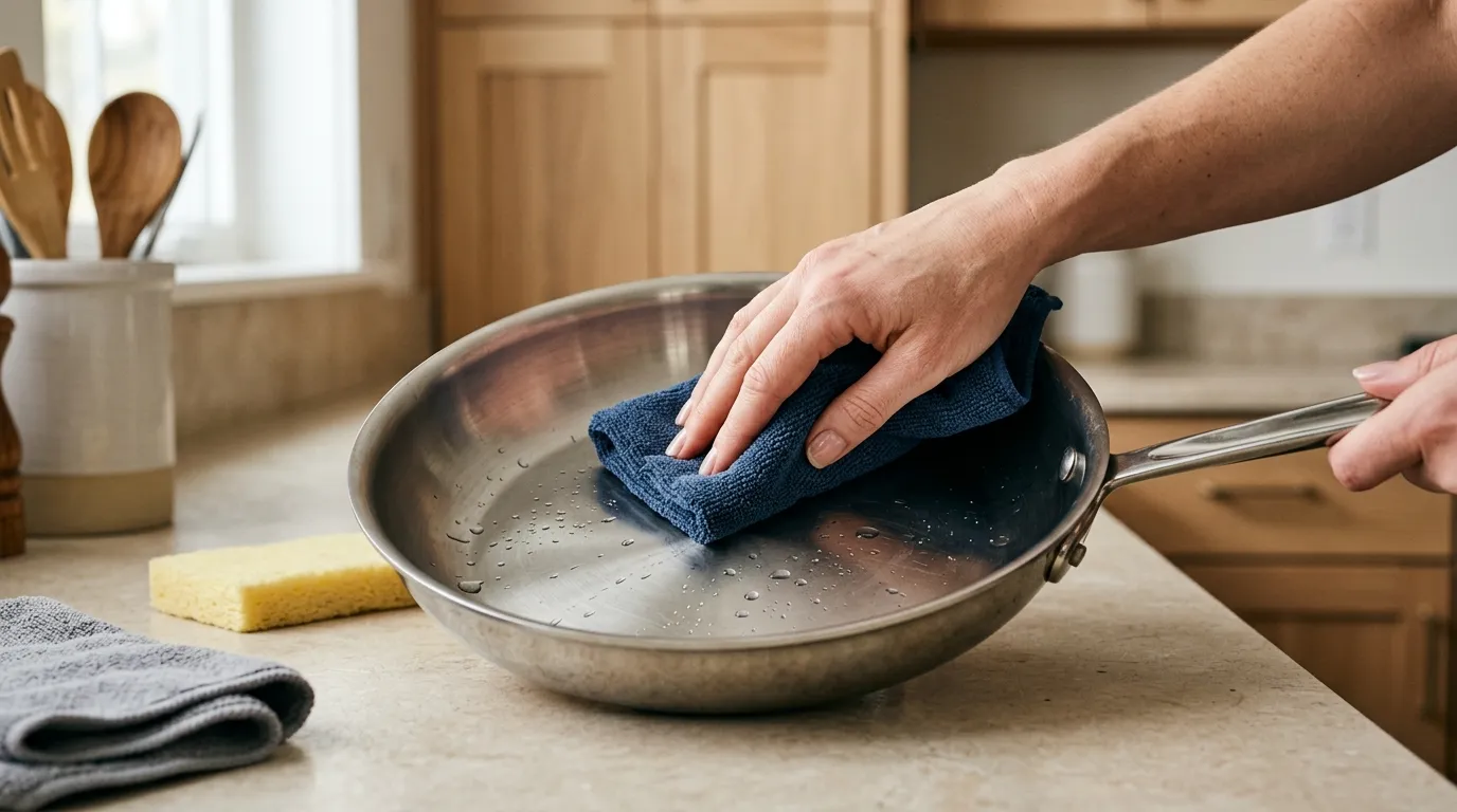 Clean stainless steel fry pan drying with a microfiber towel after gentle washing