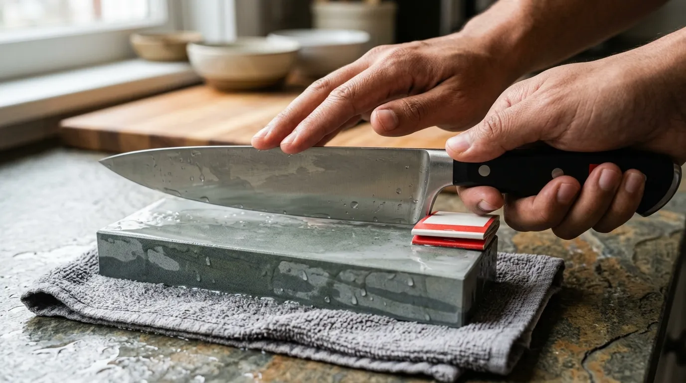 Chef's knife positioned at an approximately 14-degree angle on a whetstone using the matchbook technique