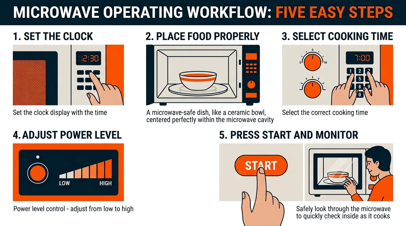 Microwave cooking workflow showing food placement, cooking time, power adjustment, and monitoring