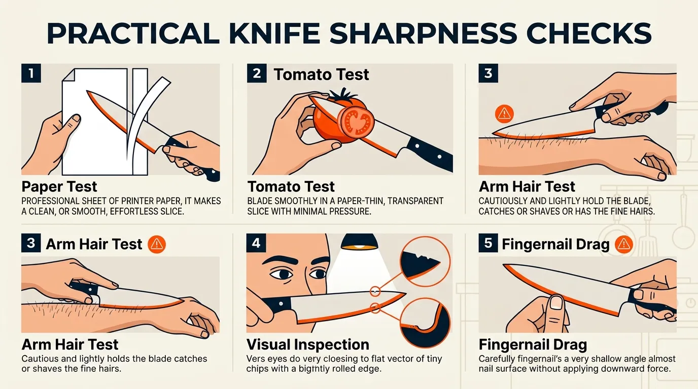 Kitchen knife sharpness being checked with paper, tomato, visual edge inspection, and other simple tests