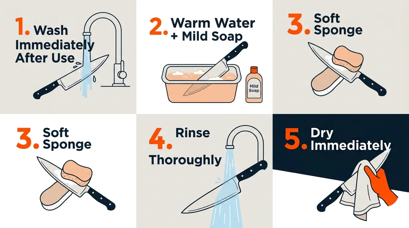 Kitchen knife cleaning process showing immediate washing, gentle scrubbing, rinsing, and immediate drying