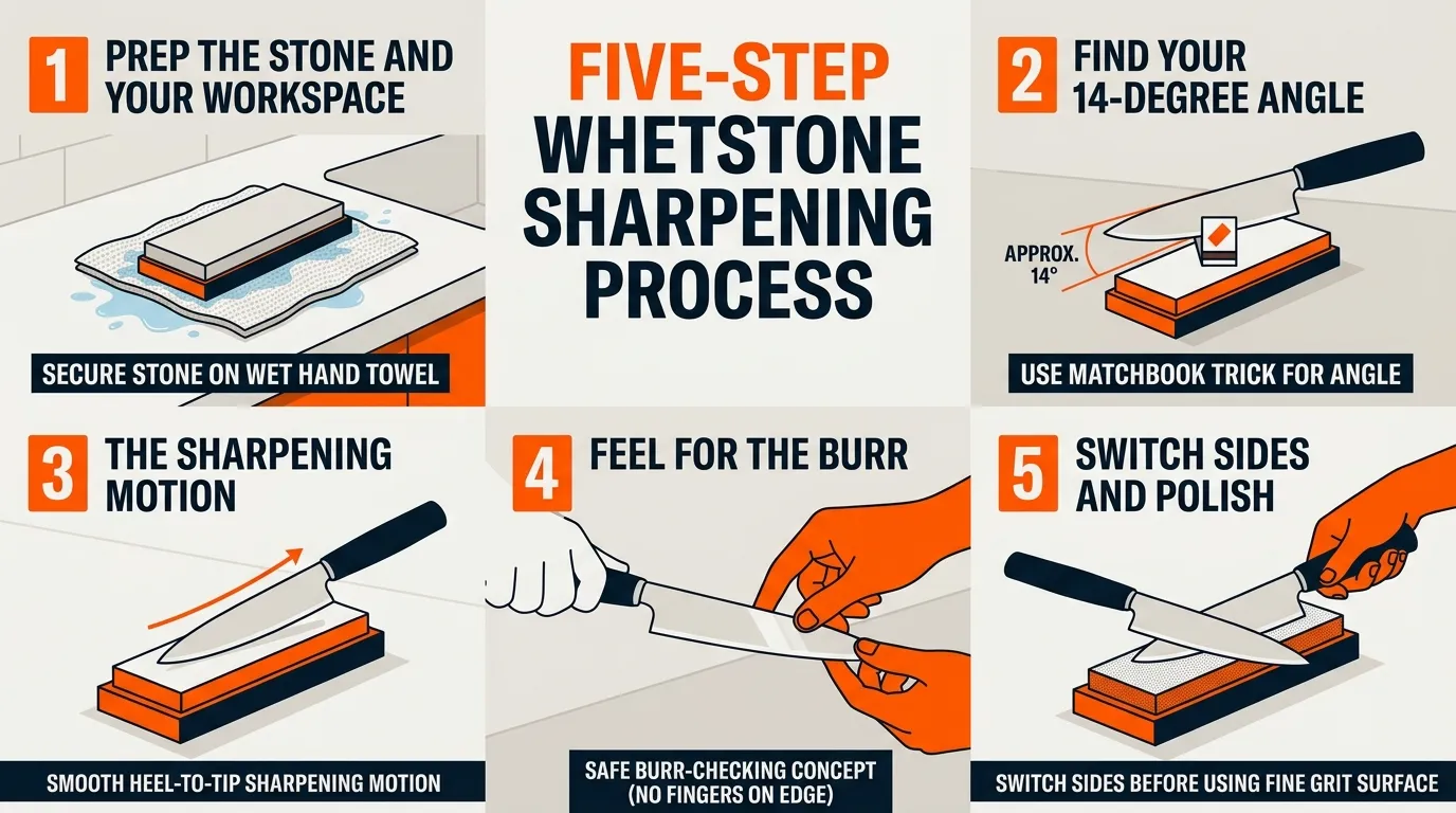 Five-step whetstone sharpening process showing stone preparation, angle setting, sharpening strokes, burr checking, and polishing