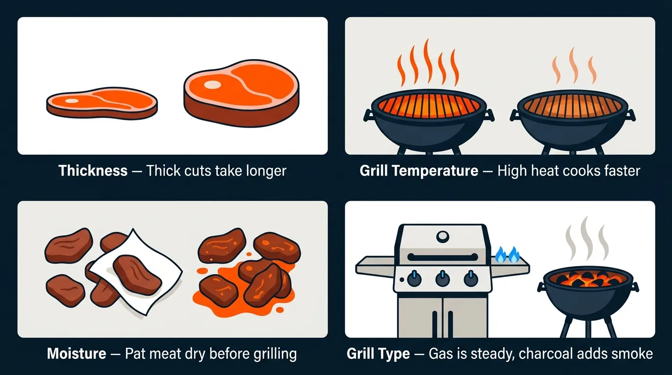 Steak tips on a grill illustrating how thickness, grill temperature, moisture, and grill type affect cooking time