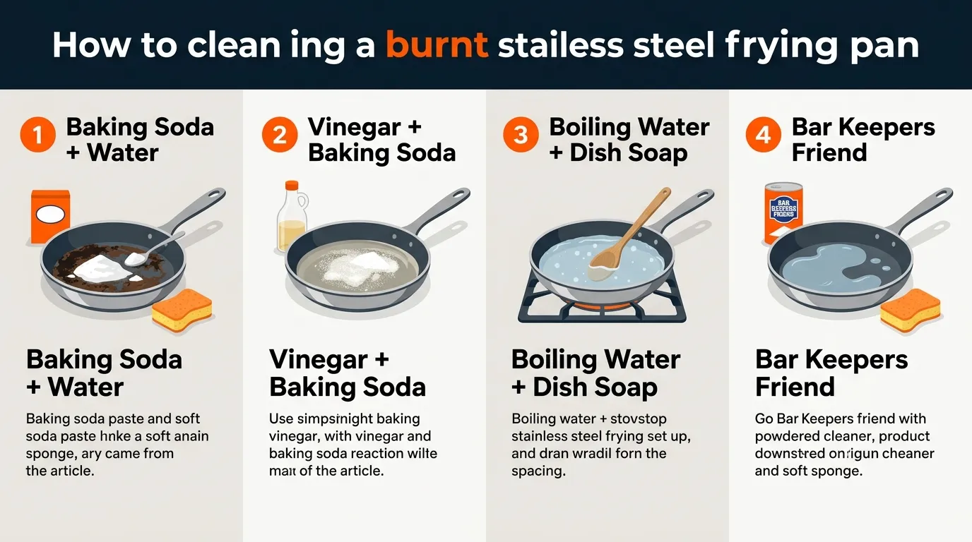 Four cleaning methods for burnt stainless steel cookware shown with baking soda, vinegar, dish soap, and non-abrasive cleaner