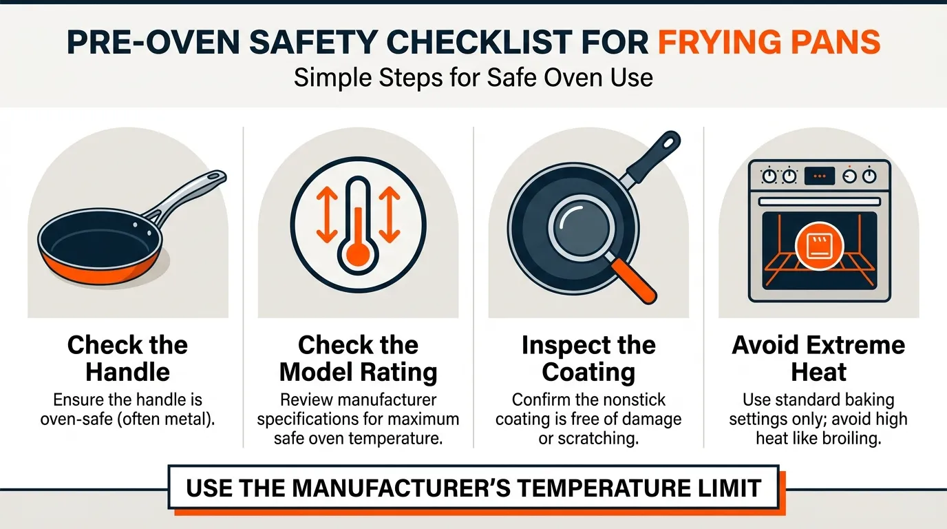 Editorial checklist showing pan handle, temperature rating, coating condition, and oven setting checks before use