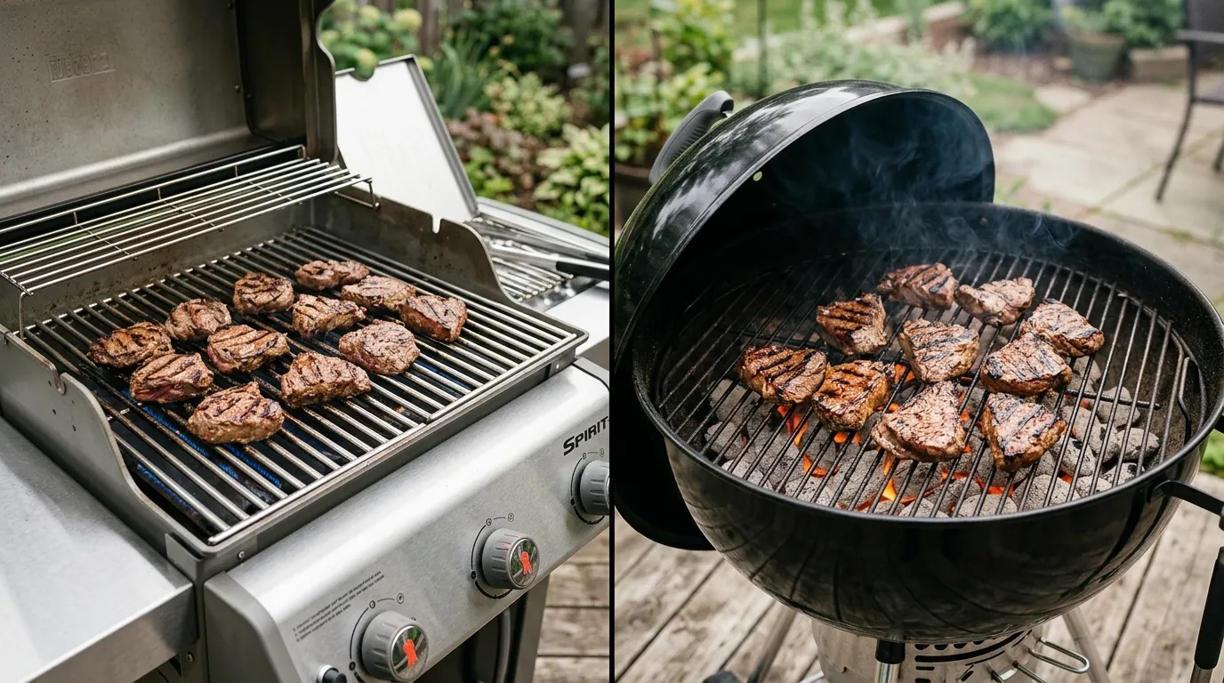 Steak tips cooking on gas and charcoal grills to compare two popular grilling methods