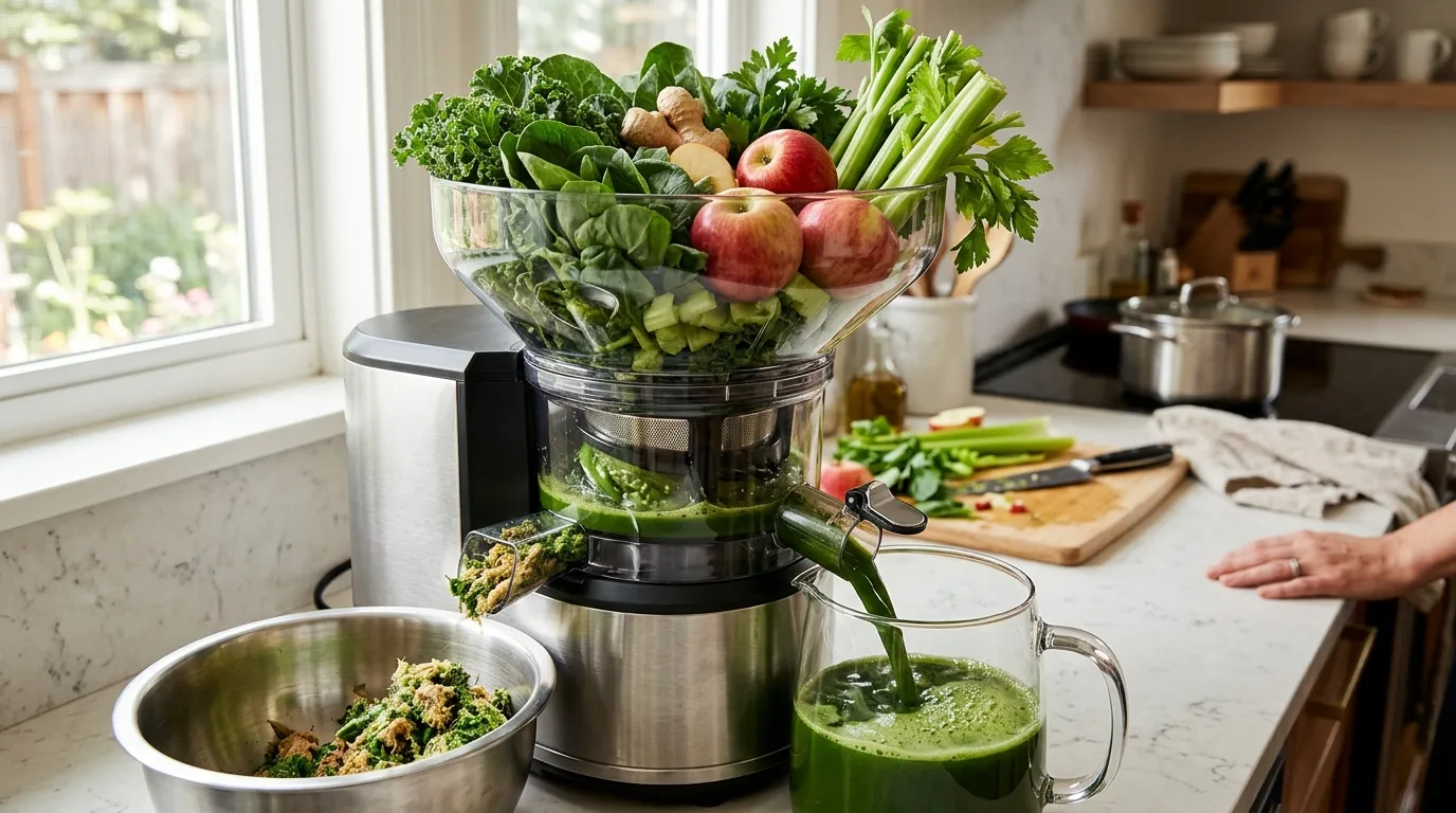 Large-hopper cold press juicer loaded with apples, celery, and spinach for hands-free batch juicing