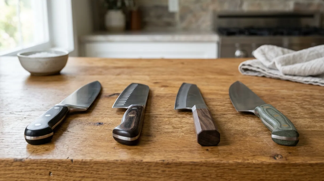 Four chef’s knives arranged for a side-by-side kitchen knife brand comparison