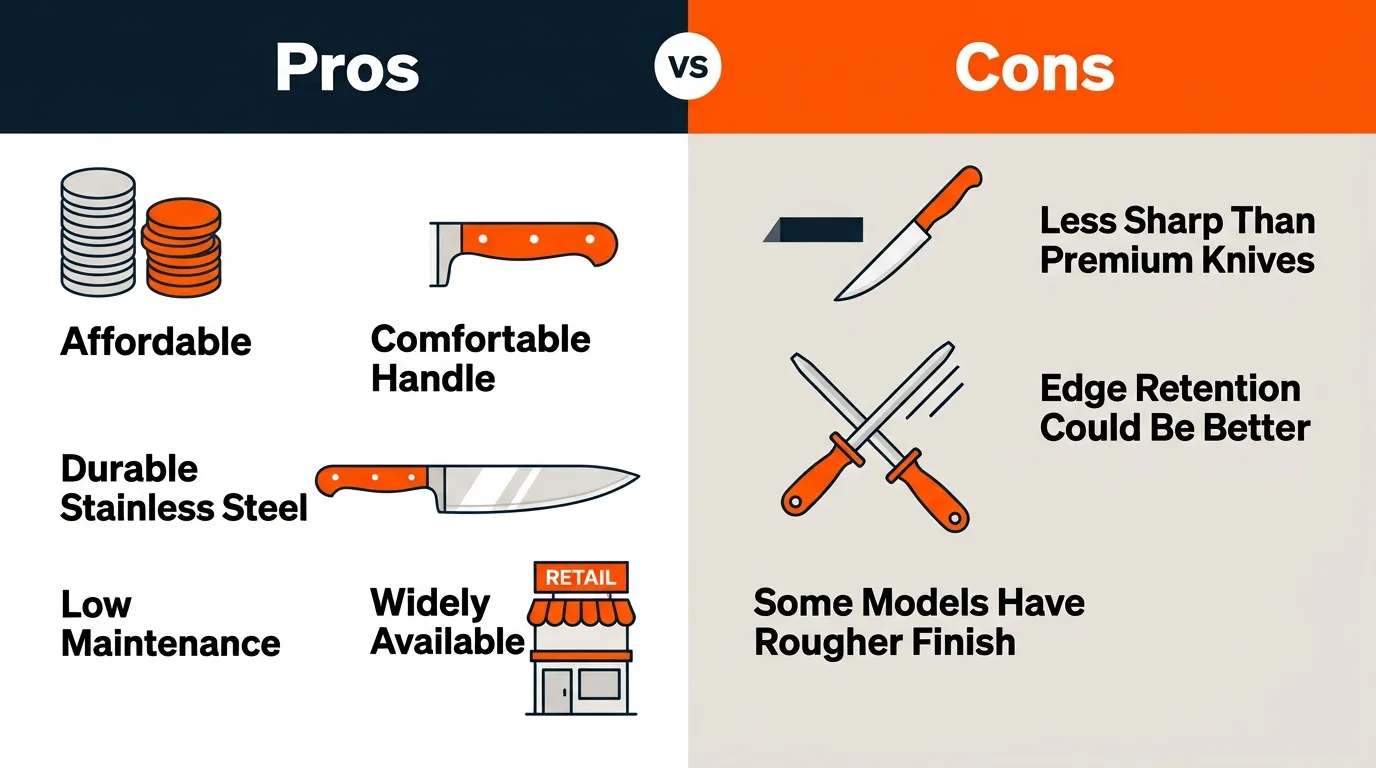 Kitchen knife comparison showing practical advantages and trade-offs including comfort, durability, sharpness, and edge retention