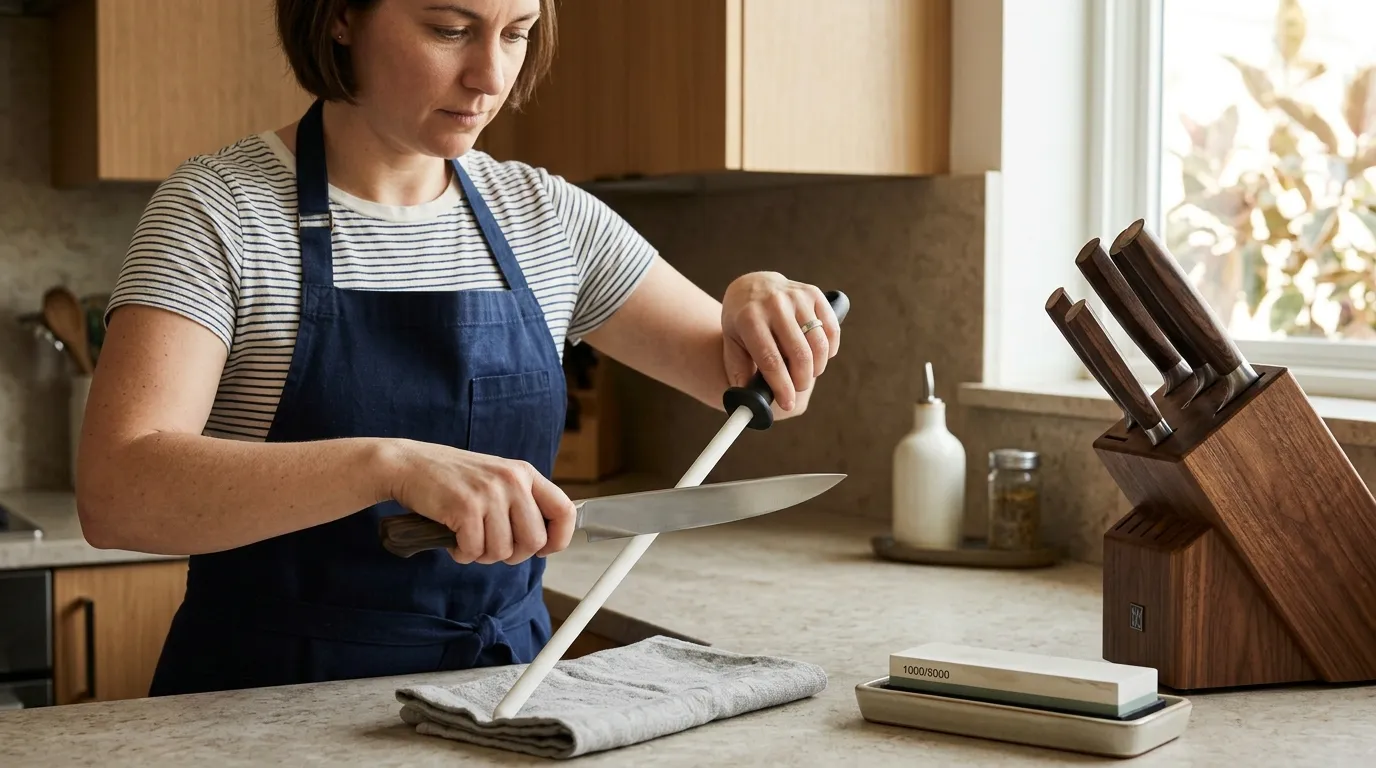 Chef’s knife being maintained with a honing rod beside a wooden knife block for safe kitchen storage