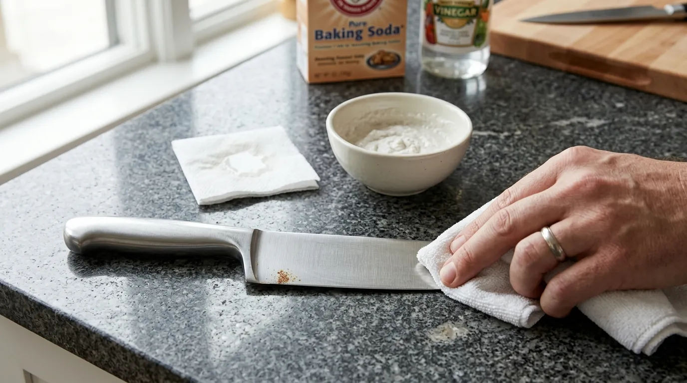 Chef’s knife with a small rust spot being gently cleaned with baking soda paste and a soft cloth