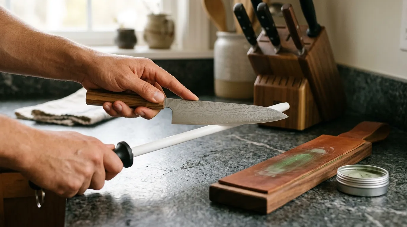 Japanese kitchen knife being maintained with a ceramic honing rod and leather strop