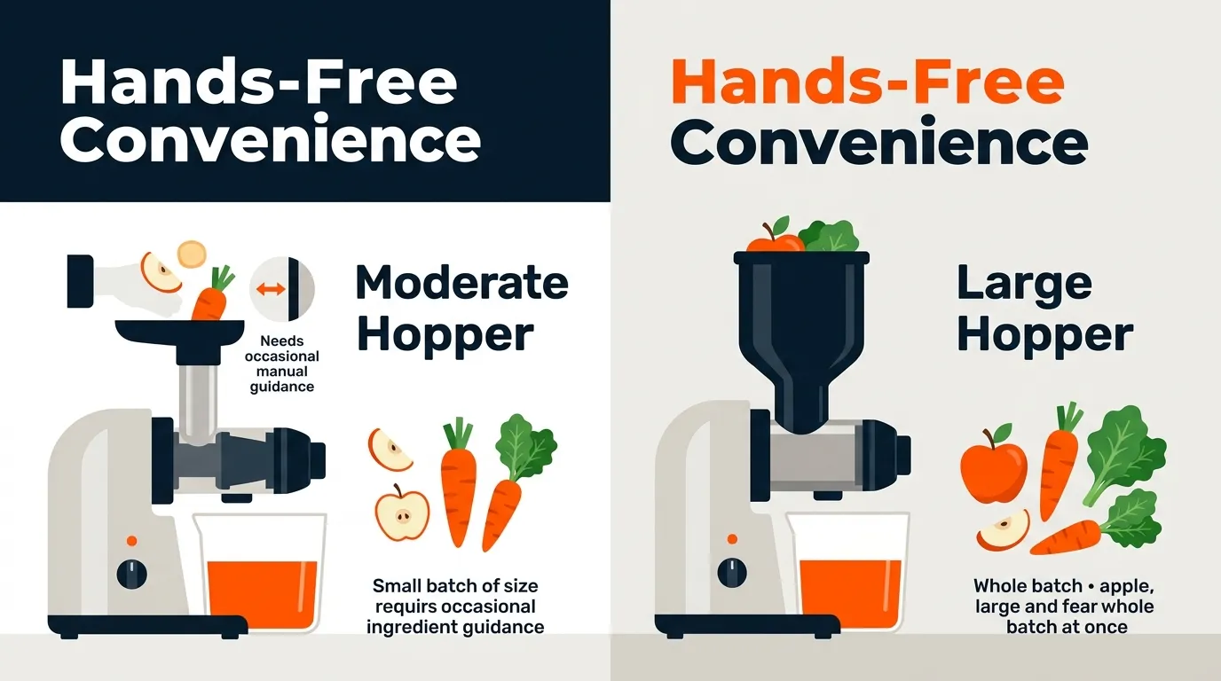 Side-by-side comparison of compact and large-hopper juicers for hands-free batch preparation