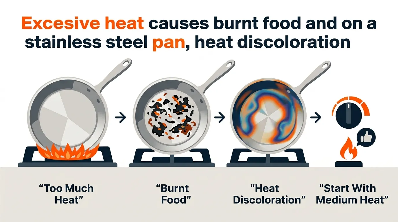 Stainless steel frying pan showing burnt food buildup and rainbow heat discoloration from excessive heat