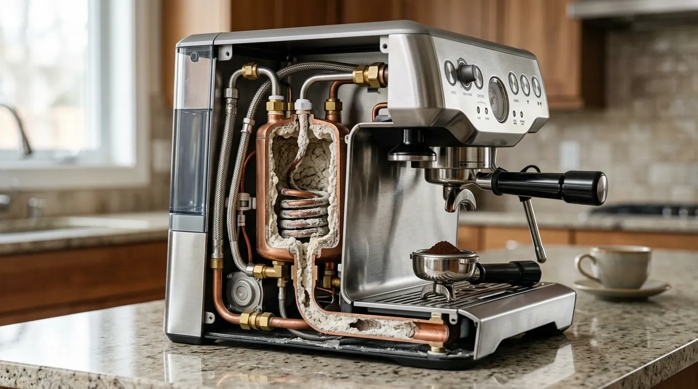 Espresso machine internal water pathway shown with realistic mineral buildup around heating and water flow components