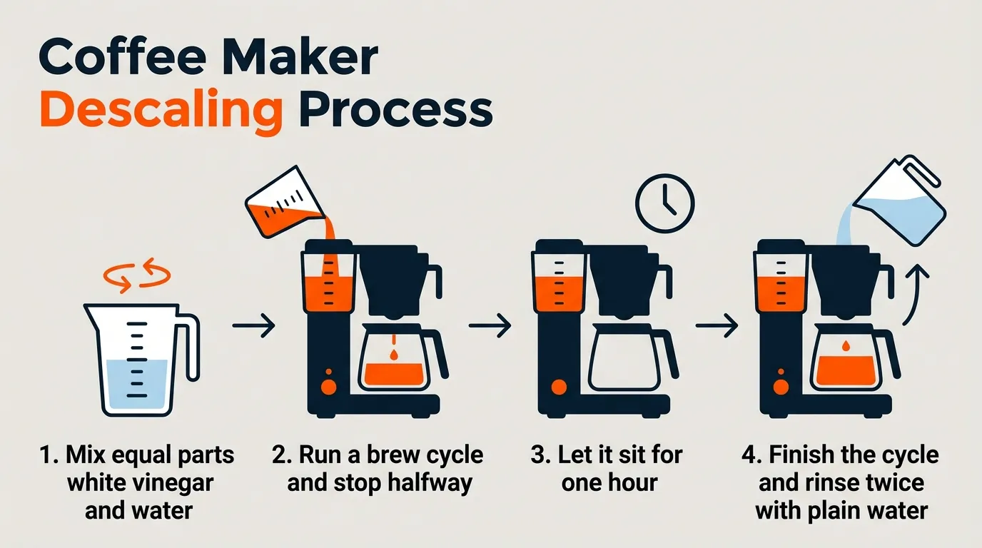 Coffee maker being descaled with a vinegar and water solution followed by a clean water rinse