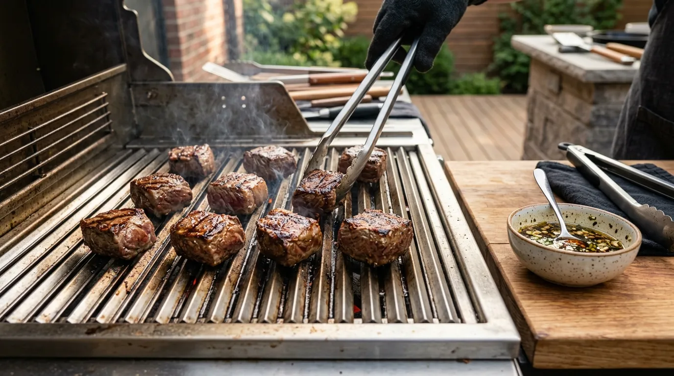 Steak tips searing with space between pieces on a hot grill for a browned crust and juicy texture