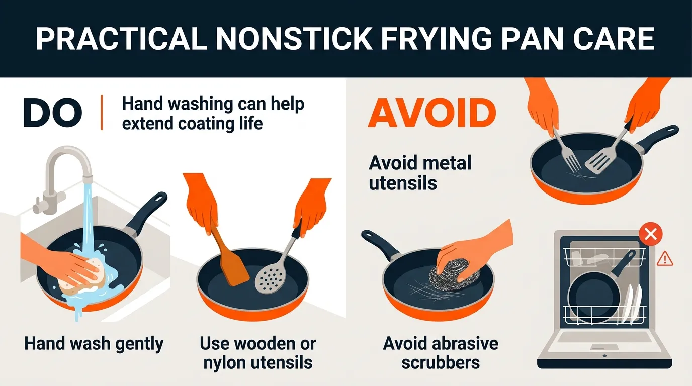 Nonstick frying pan being cleaned with a soft sponge beside wooden and nylon utensils