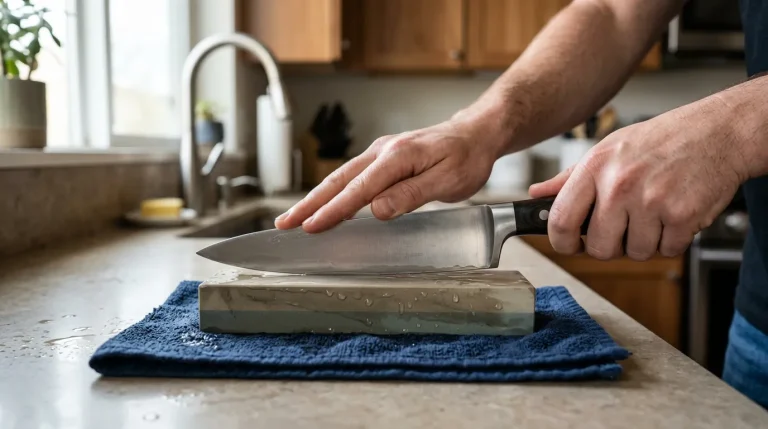 WÜSTHOF-style chef's knife being sharpened on a whetstone in a clean kitchen workspace