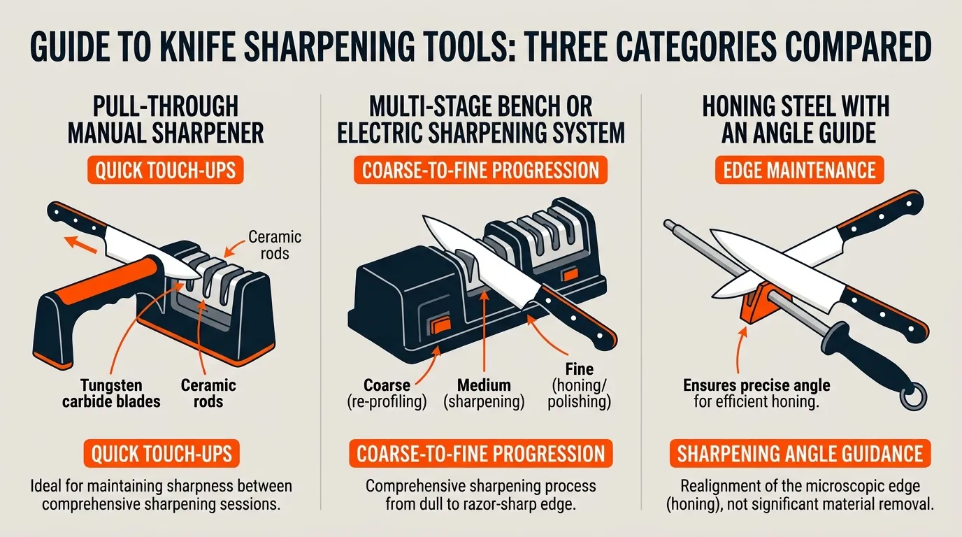 Kitchen knife being sharpened with a pull-through knife sharpener on a clean countertop