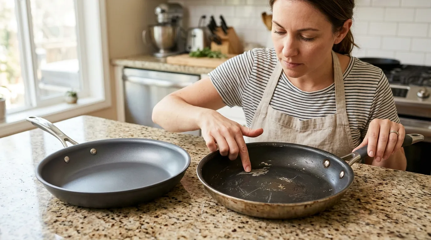 Nonstick frying pan being inspected for scratches and peeling before oven use
