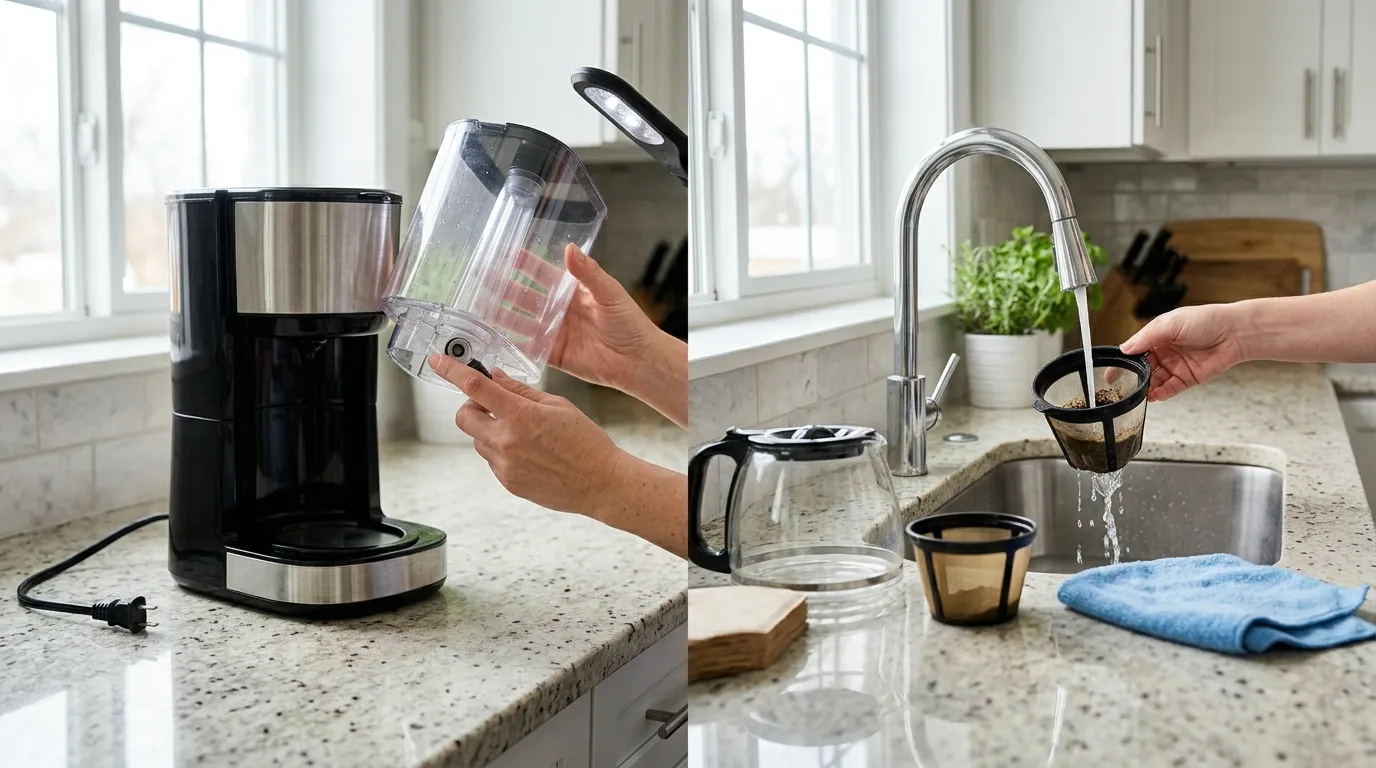 Coffee maker water reservoir and removable filter basket being inspected and cleaned for blockages