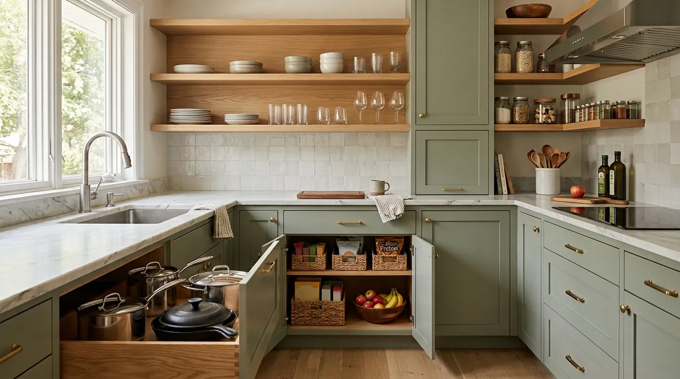 Kitchen cabinet organized by usage with daily dishes at eye level, heavy cookware below, and snacks in an accessible lower zone