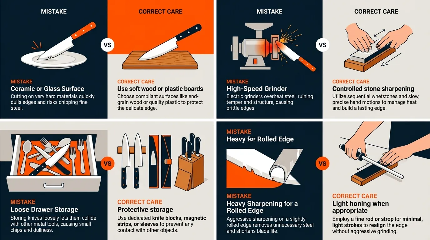 Kitchen knife care comparison showing unsafe hard surfaces, improper sharpening, and loose storage versus proper care