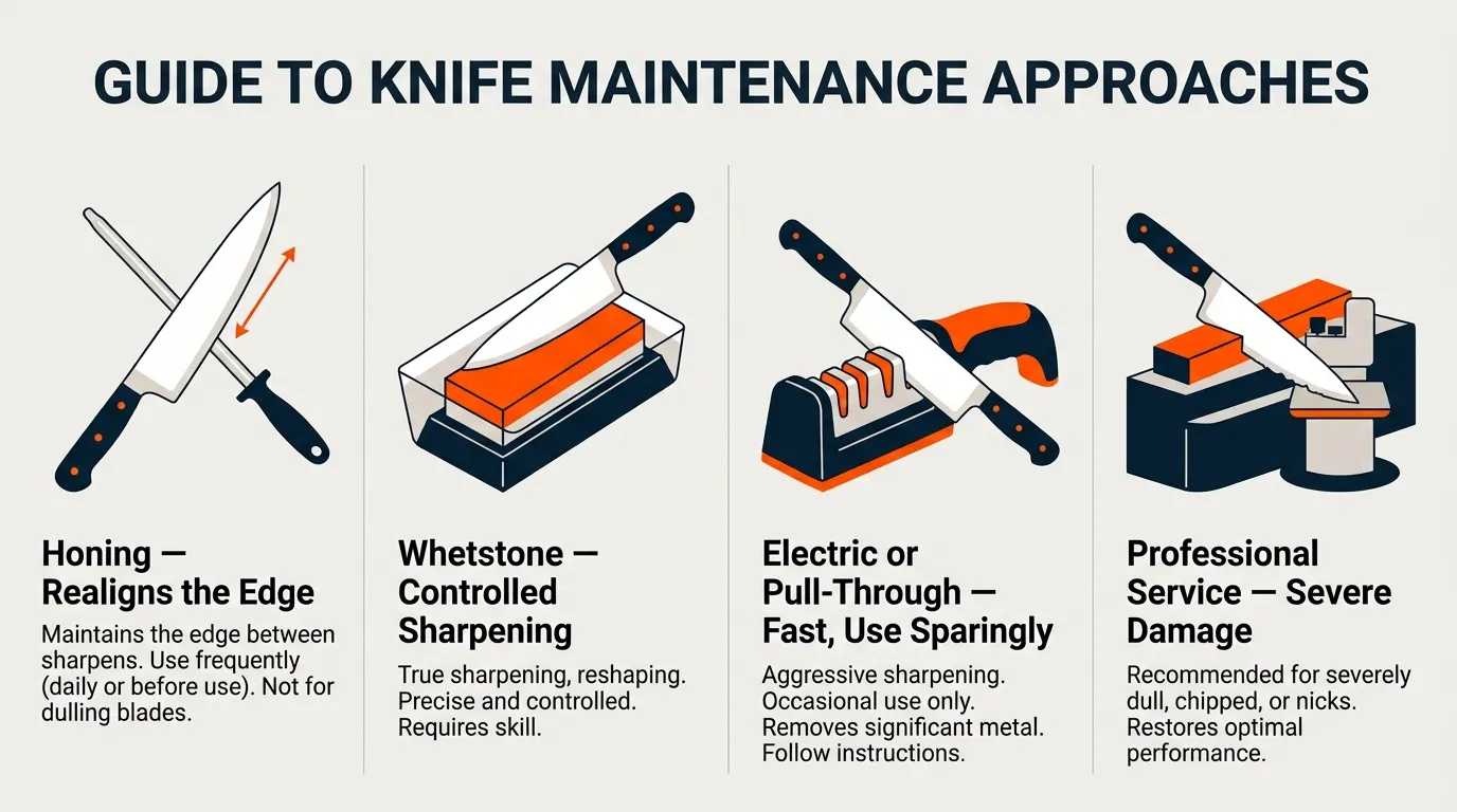 Honing rod, whetstone, electric sharpener, and professional sharpening setup compared for kitchen knife maintenance