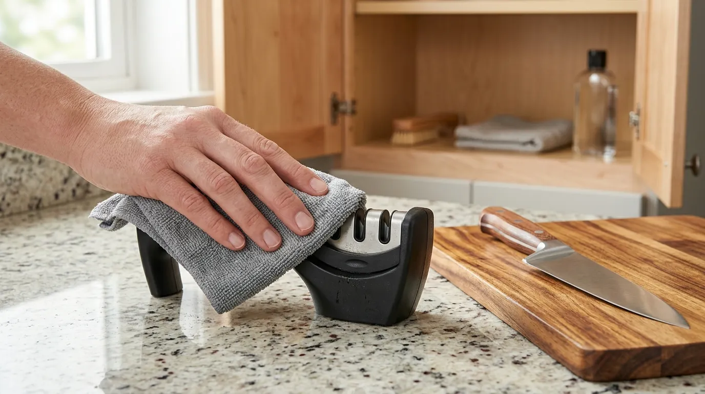 Knife sharpener being cleaned with a damp cloth and stored dry beside a kitchen knife