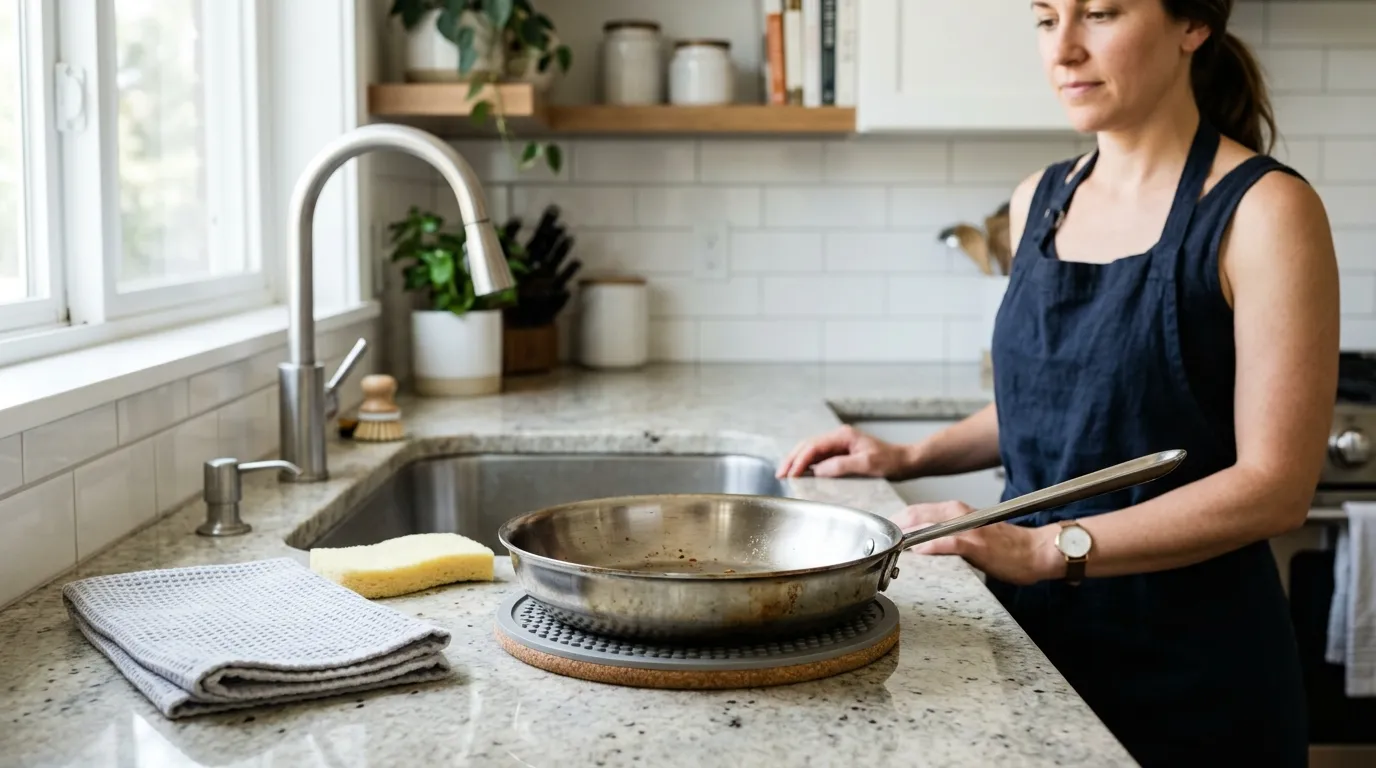 Stainless steel frying pan cooling on a trivet before gentle washing to avoid thermal shock