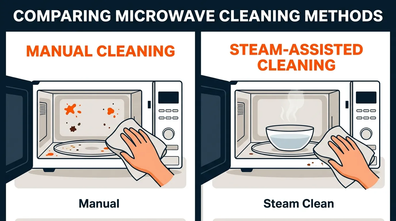 Countertop microwave cleaning comparison showing manual wiping and steam-assisted interior cleaning