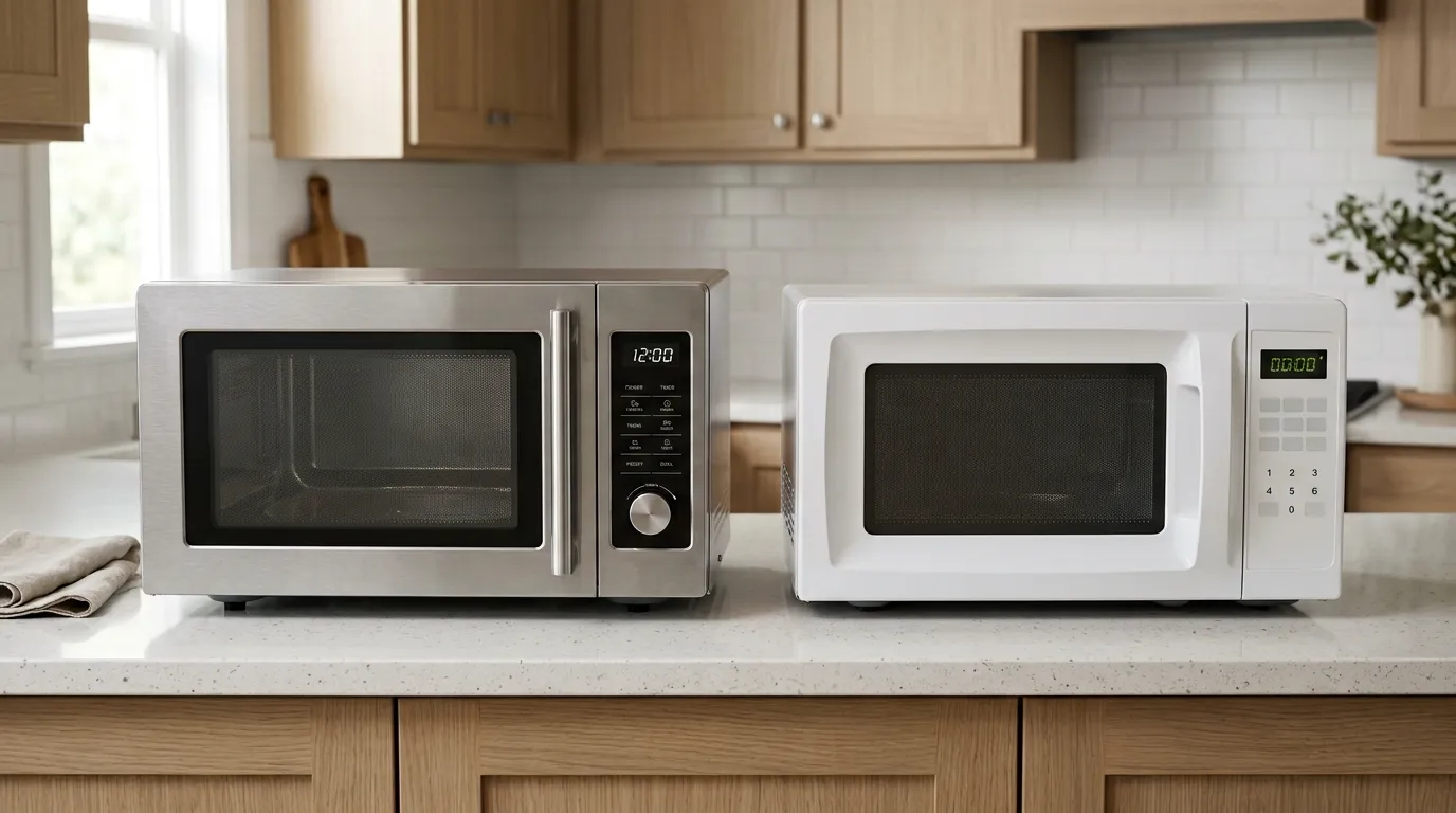 Premium solid microwave compared with a lightweight practical microwave design in a modern kitchen
