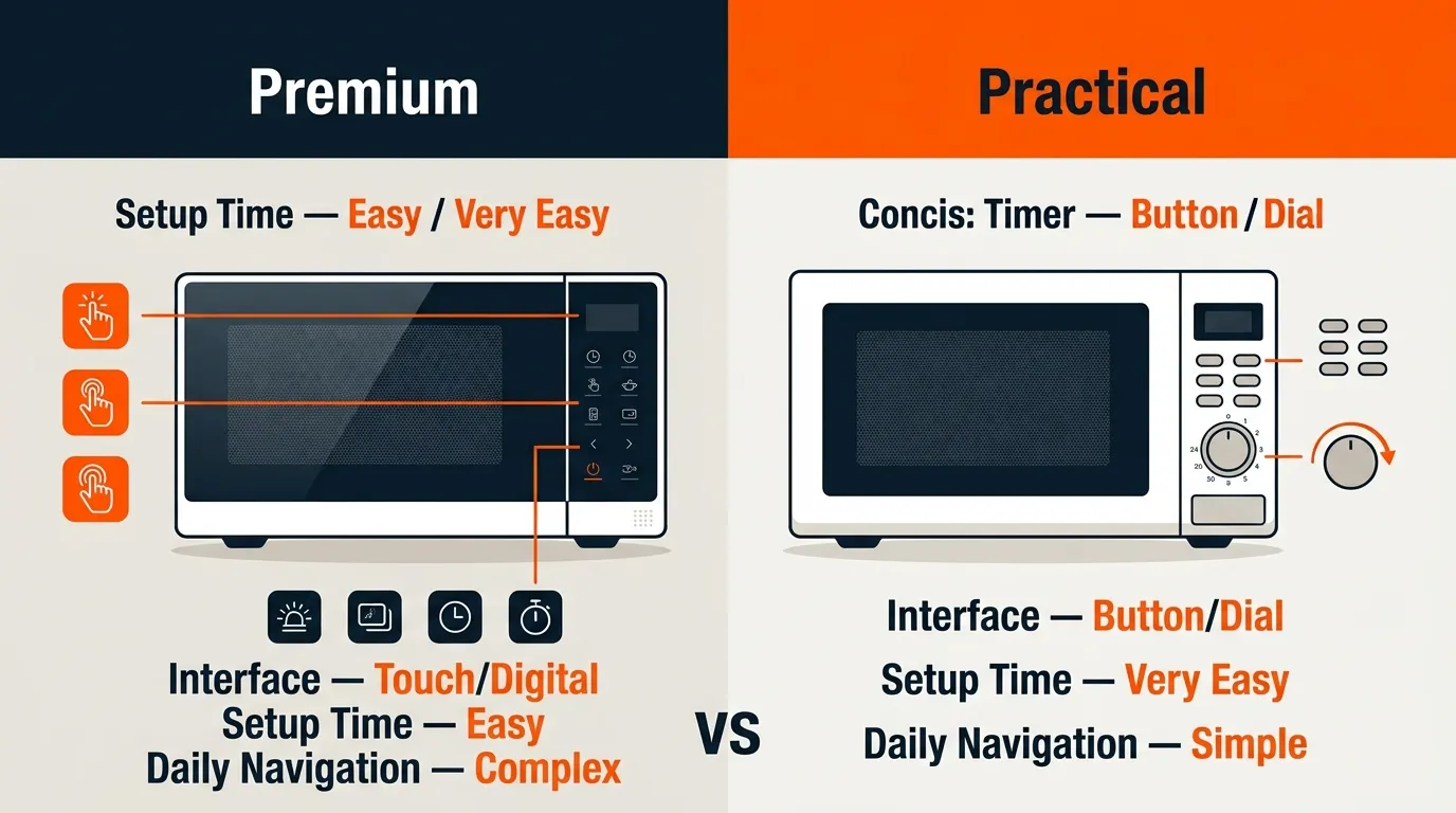 Two microwave control panels showing a sophisticated digital interface beside a simpler everyday control layout