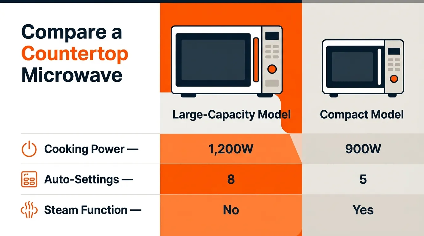Two countertop microwaves compared by cooking power, automatic settings, and steam-clean capability