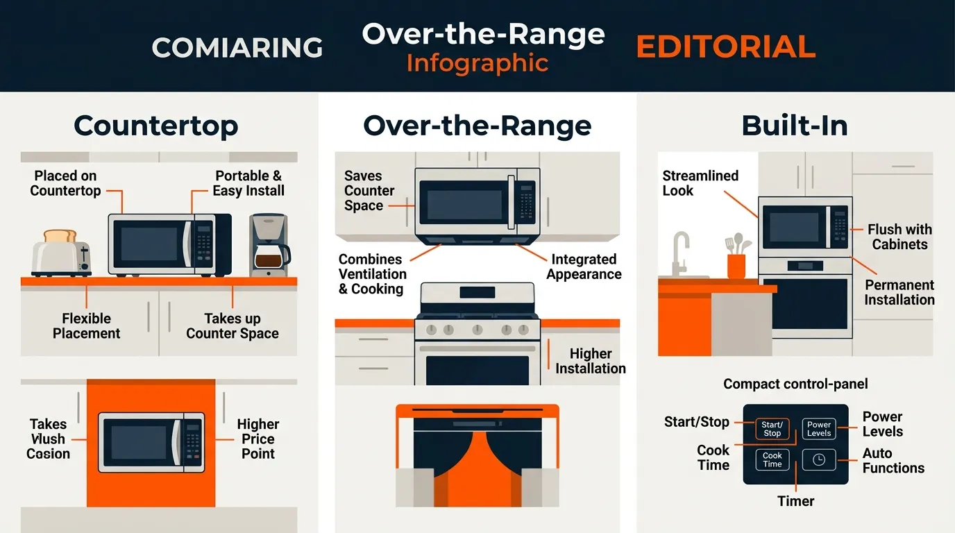 Countertop, over-the-range, and built-in microwave configurations with common control functions
