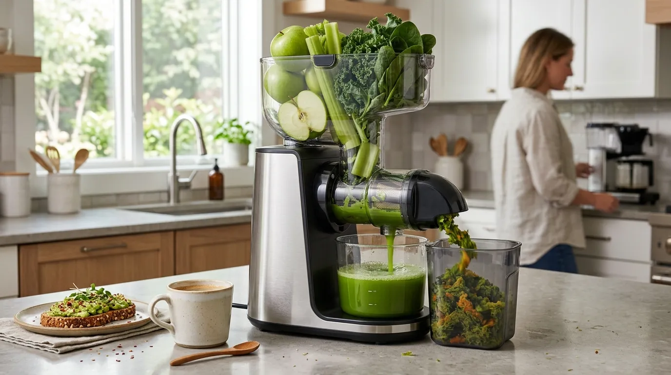 Self-feeding cold press juicer processing whole fruits while a coffee cup sits nearby in a busy home kitchen