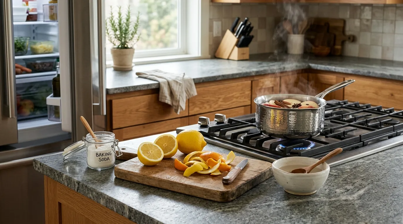 Natural kitchen odor-control setup with baking soda, lemon peels, white vinegar, and a cinnamon apple simmer pot
